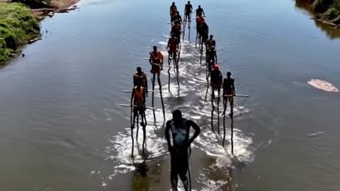 Stick Walking Through River
