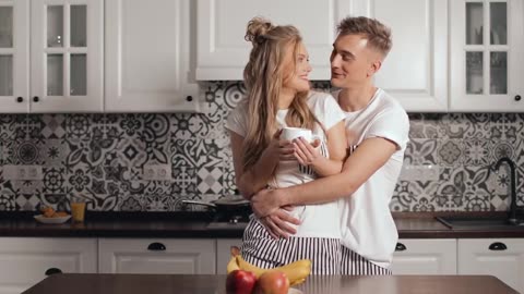 Couple share romantic moment at morning, Lovely smiles