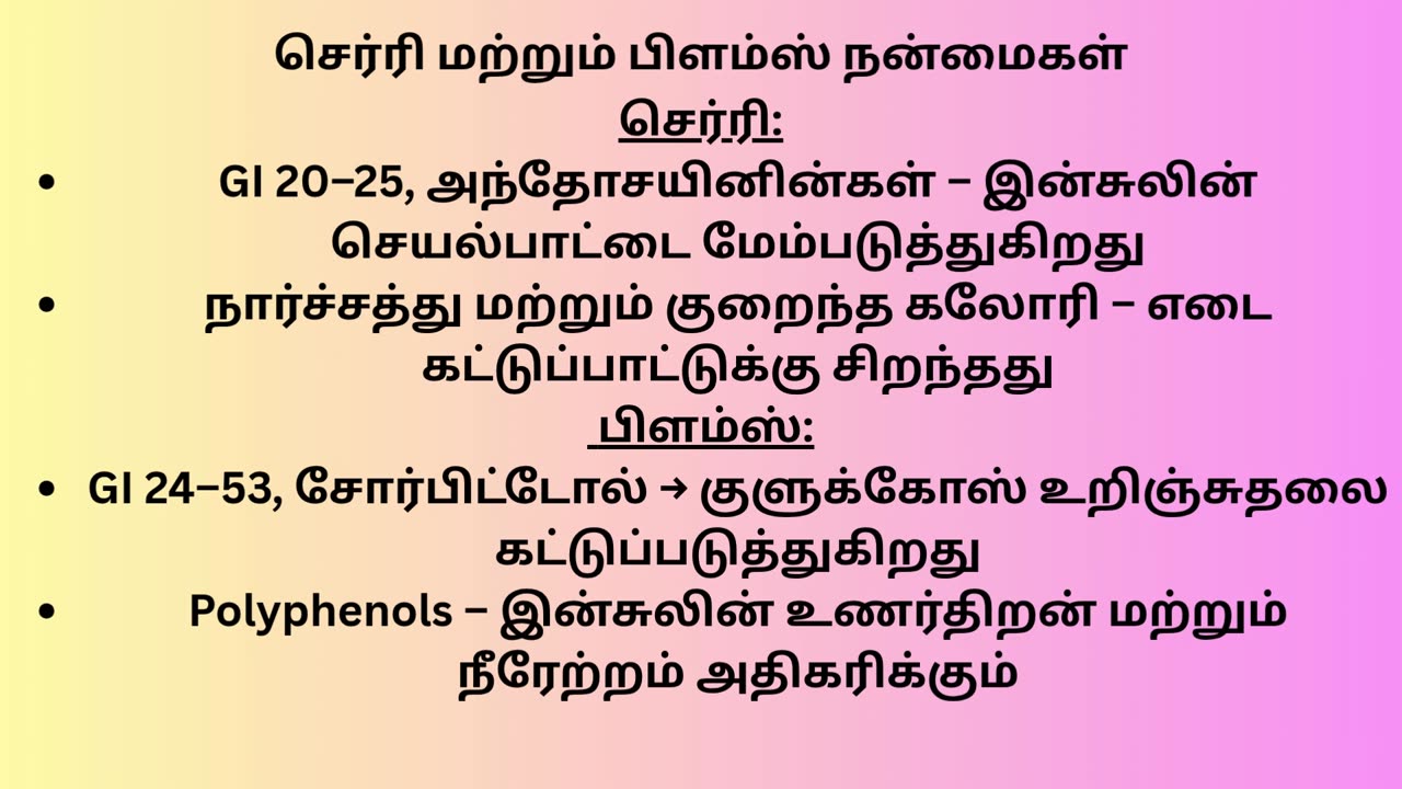 சர்க்கரை நோயைக் கட்டுப்படுத்த சிறந்த பழங்கள் :ஆரஞ்சு, செர்ரி மற்றும் பிளம்ஸ்