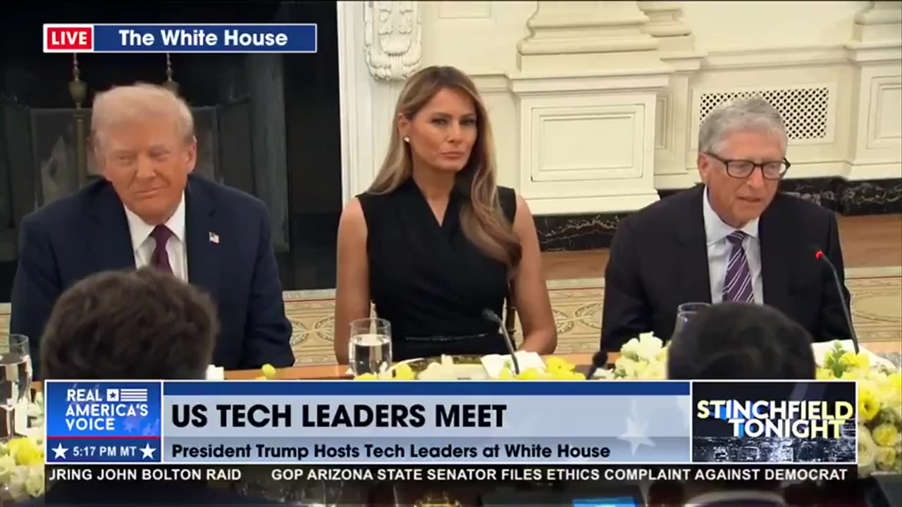 Bill Gates meeting with Trump discussing gene editing and vaccines.