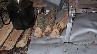 Cooking steak and wild mushrooms in the hot tent