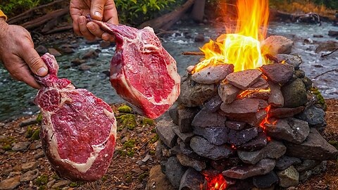 Juicy Tomahawk Steaks by the Stream: Cooked in a Stone Oven from Scratch