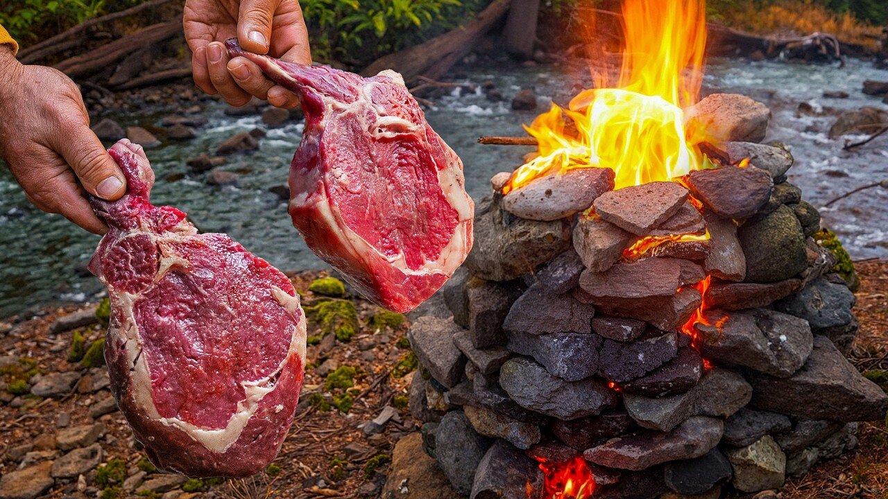 Juicy Tomahawk Steaks by the Stream: Cooked in a Stone Oven from Scratch