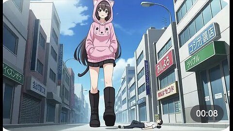 GIANT ANIME GRIL WITH A PINK HOODIE AND LONG Black UGG BOOT IN City step on a tiny man