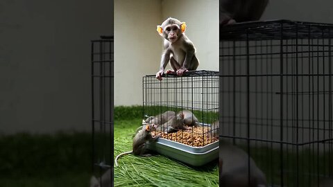 Baby monkey can't get food because of these naughty mice