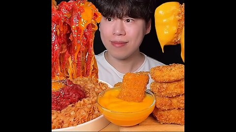 Spicy Fried Noodles, fried chicken, Korean Honey Mustard Sauce Mukbang