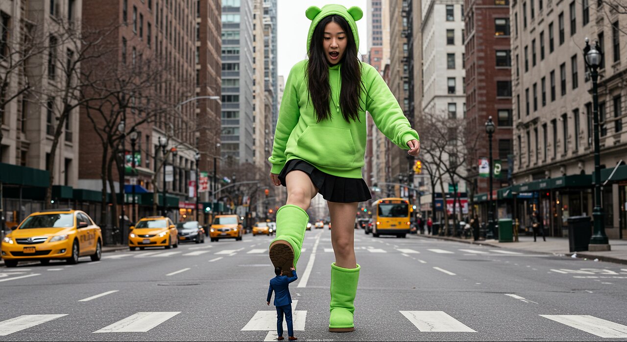 East Asian Girl with lime green ugg boot step on The Tiny man flatten Ai Video