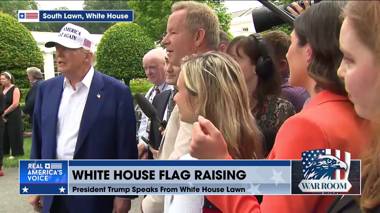 President Trump Chats With Press Ahead Of White House Flag Raising