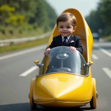 adorable baby driving yellow heel cat