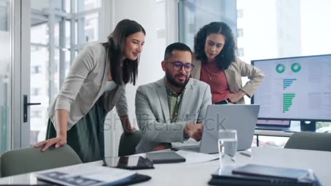 Collaboration, laptop and colleagues in office for data in business.