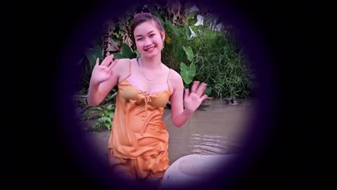 Country girl diving in river to catch fish suddenly encountered a big wave