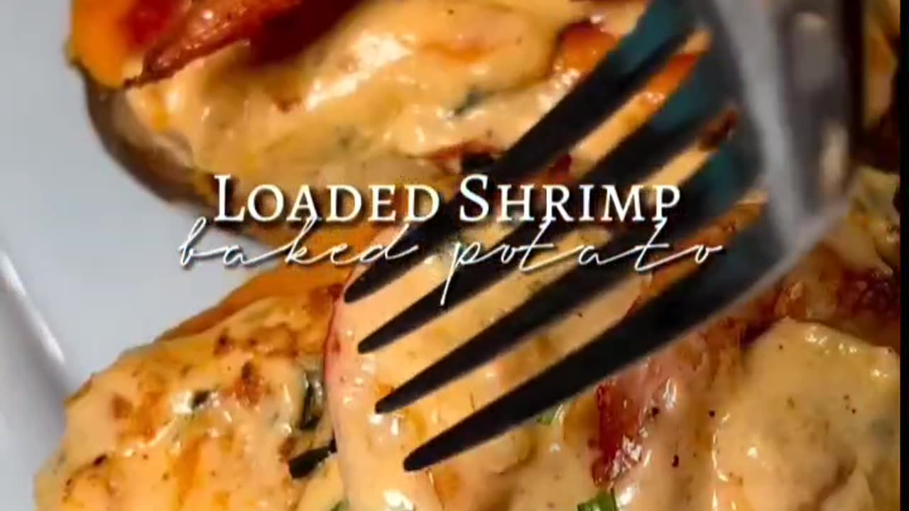 Baked potato with topping creamy and cheesy shrimp, delicious snacks