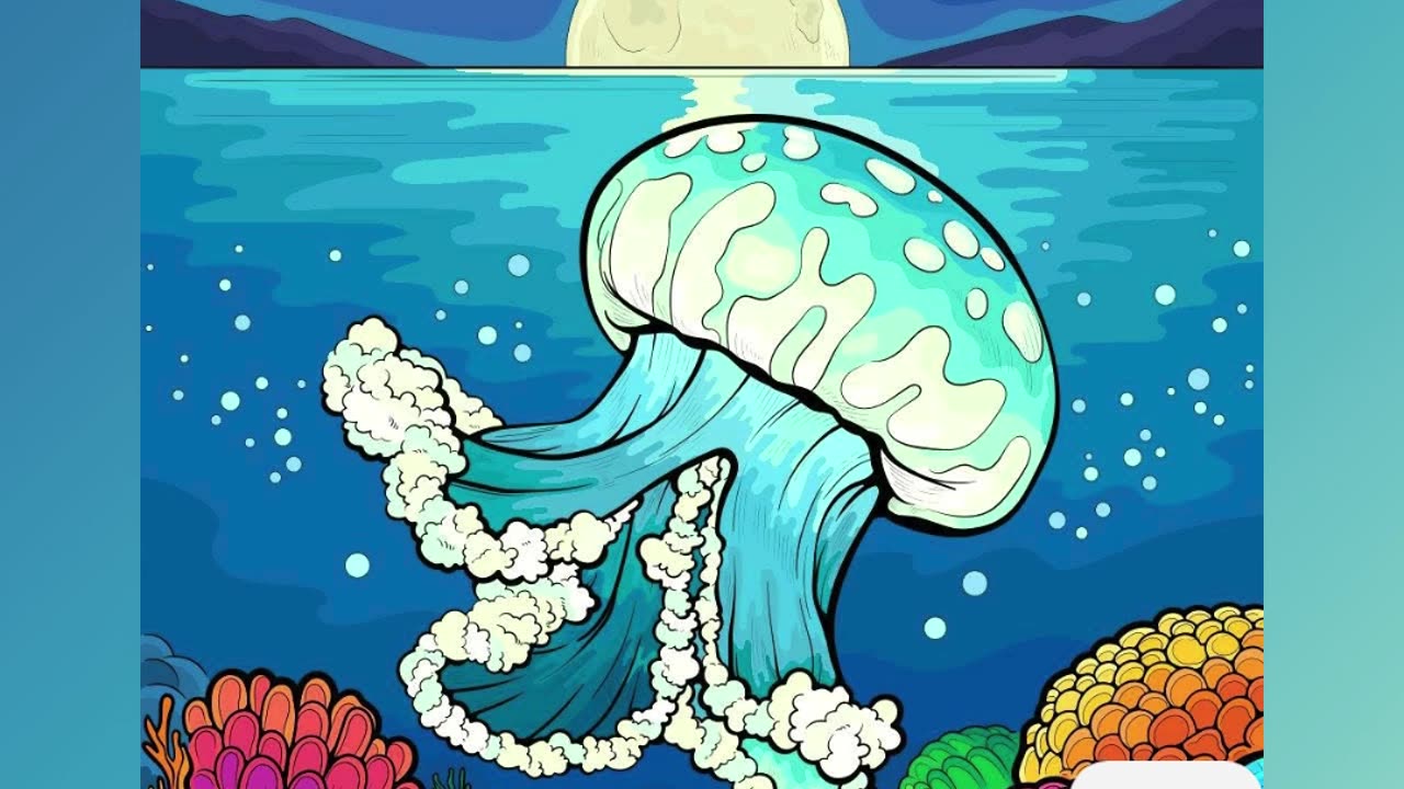 Vivid Illustration of a Jellyfish Under Moonlit Ocean Surrounded by Coral Reefs