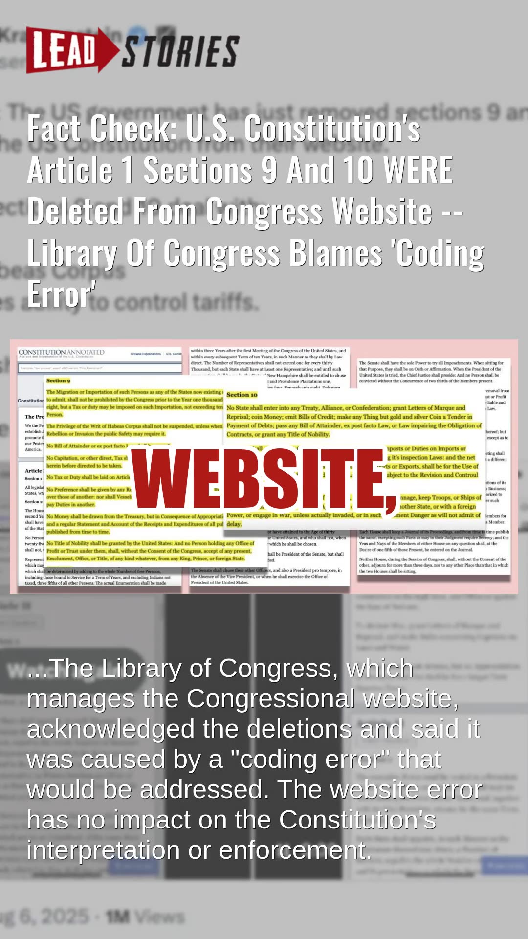 Fact Check: U.S. Constitutions Article 1 Sections 9 And 10 WERE Deleted From Congress Website