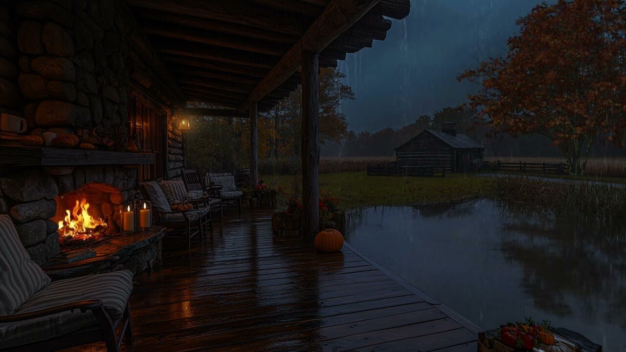 Tranquil Porch Rain 🌧 Rustic Firelight & Soothing Autumn Ambience over Quiet Farmland 🌿