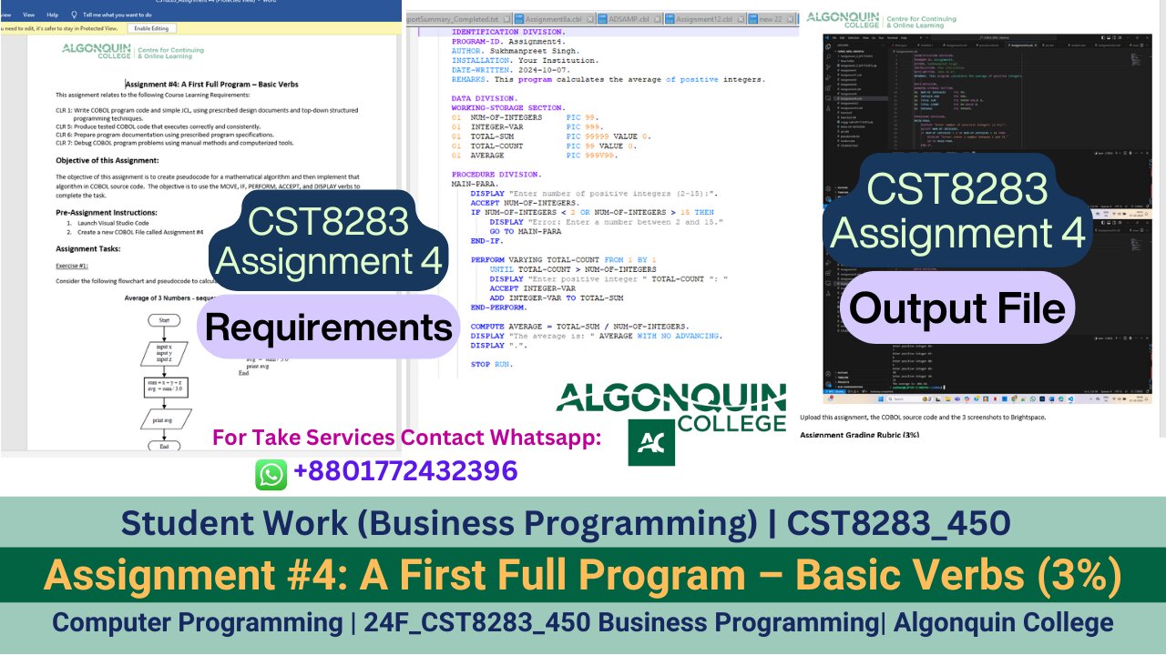 Student Work (Business Programming)|24F_CST8283_450 Assignment4:COBOL Syntax & Business Logic video