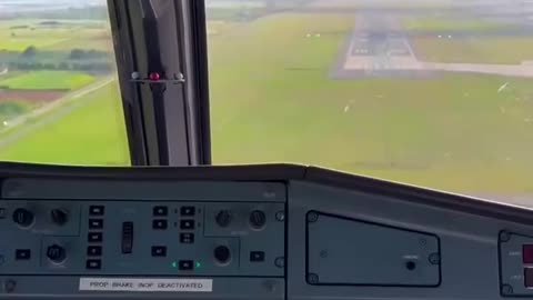 Landing of ATR-72-600 at Ibiza Airport, Spain, view from the pilots' cockpit.