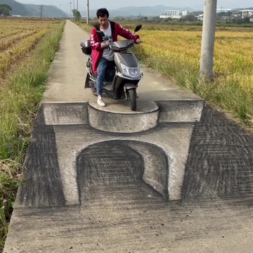 3D painting with dog on the road passing inside the canal