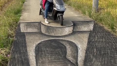 3D painting with dog on the road passing inside the canal