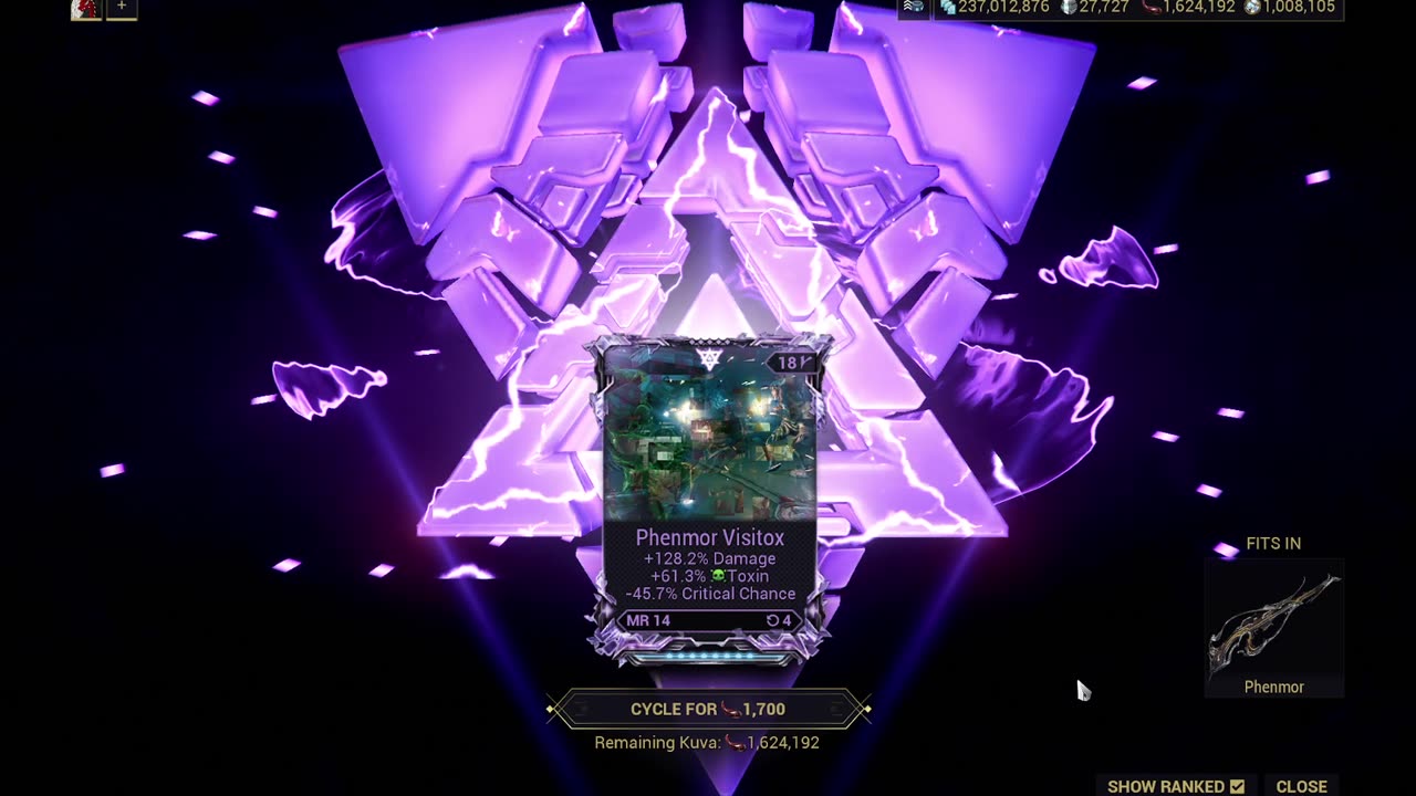 4000 Kuva spent on Phenmor Riven. Warframe