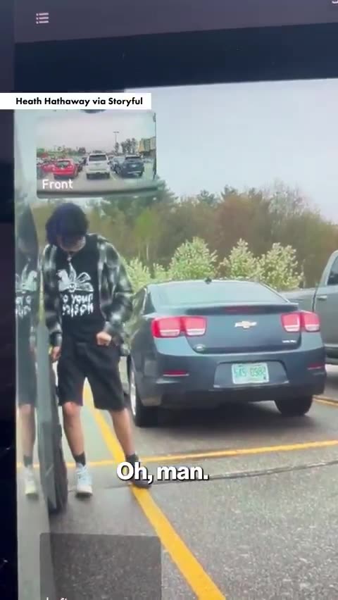 Retard slashes a Tesla Cybertruck's tire right in front of its cameras, which