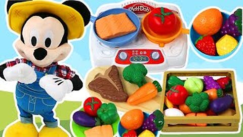Farmer Mickey Mouse Cooks with Toy Kitchen Stove!