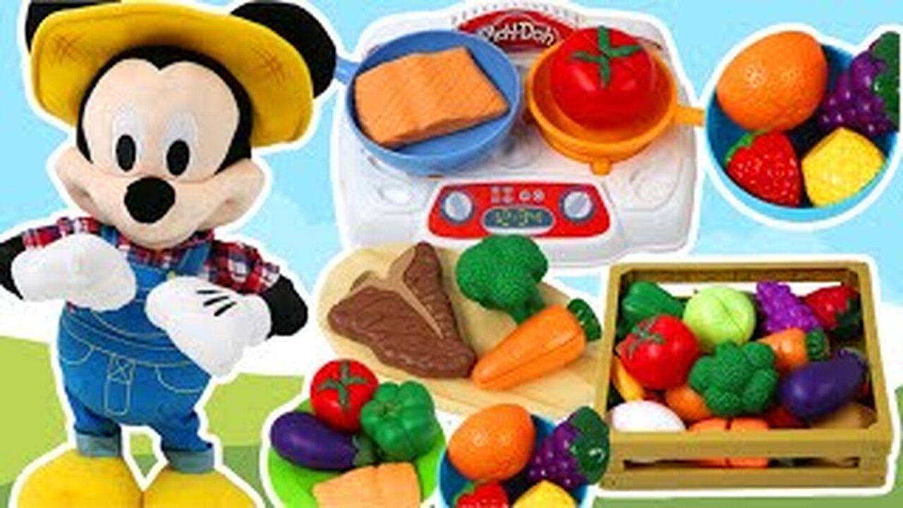 Farmer Mickey Mouse Cooks with Toy Kitchen Stove!