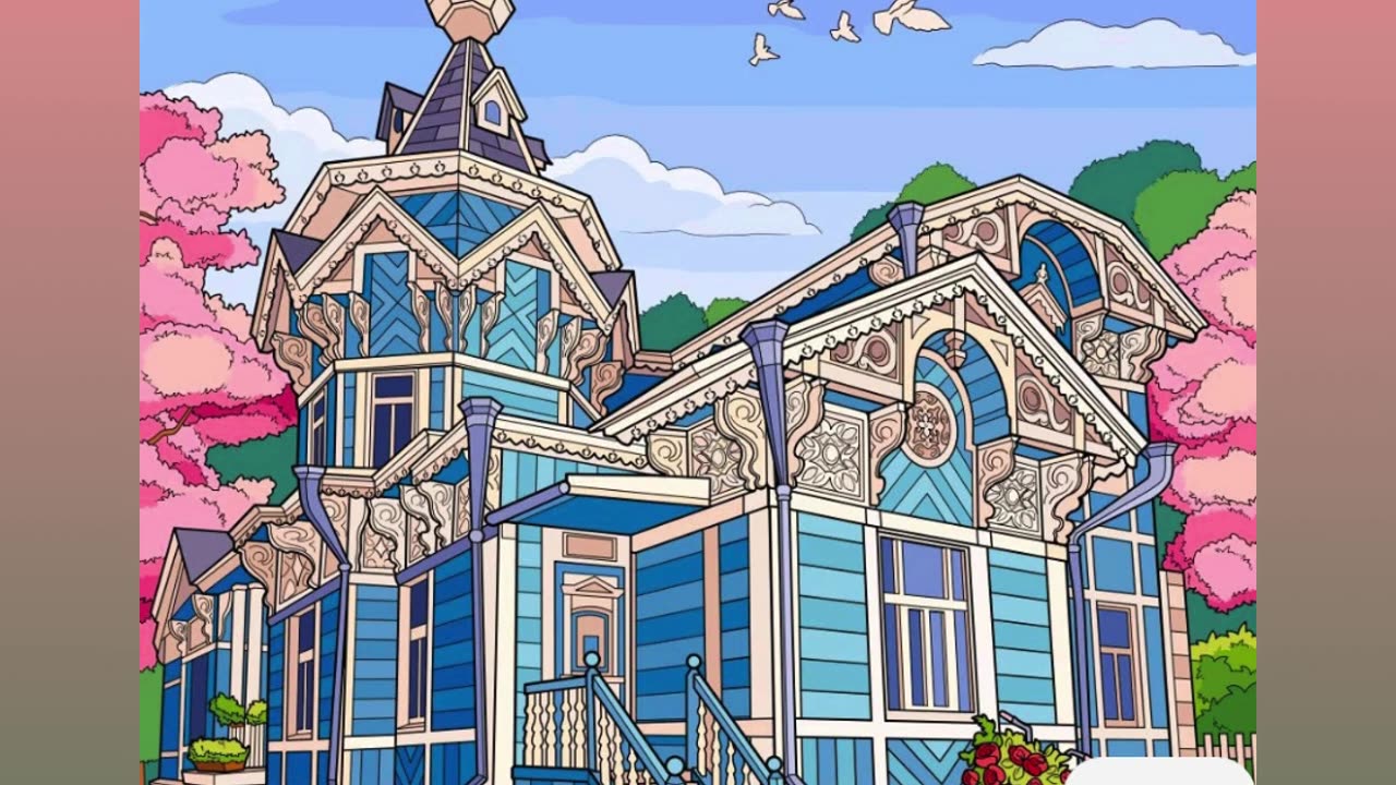 Elegant Victorian Blue House with Ornate Details and Beautiful Surroundings