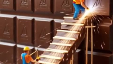 Tiny Workers Building a Staircase on a Real Giant Chocolate Bar