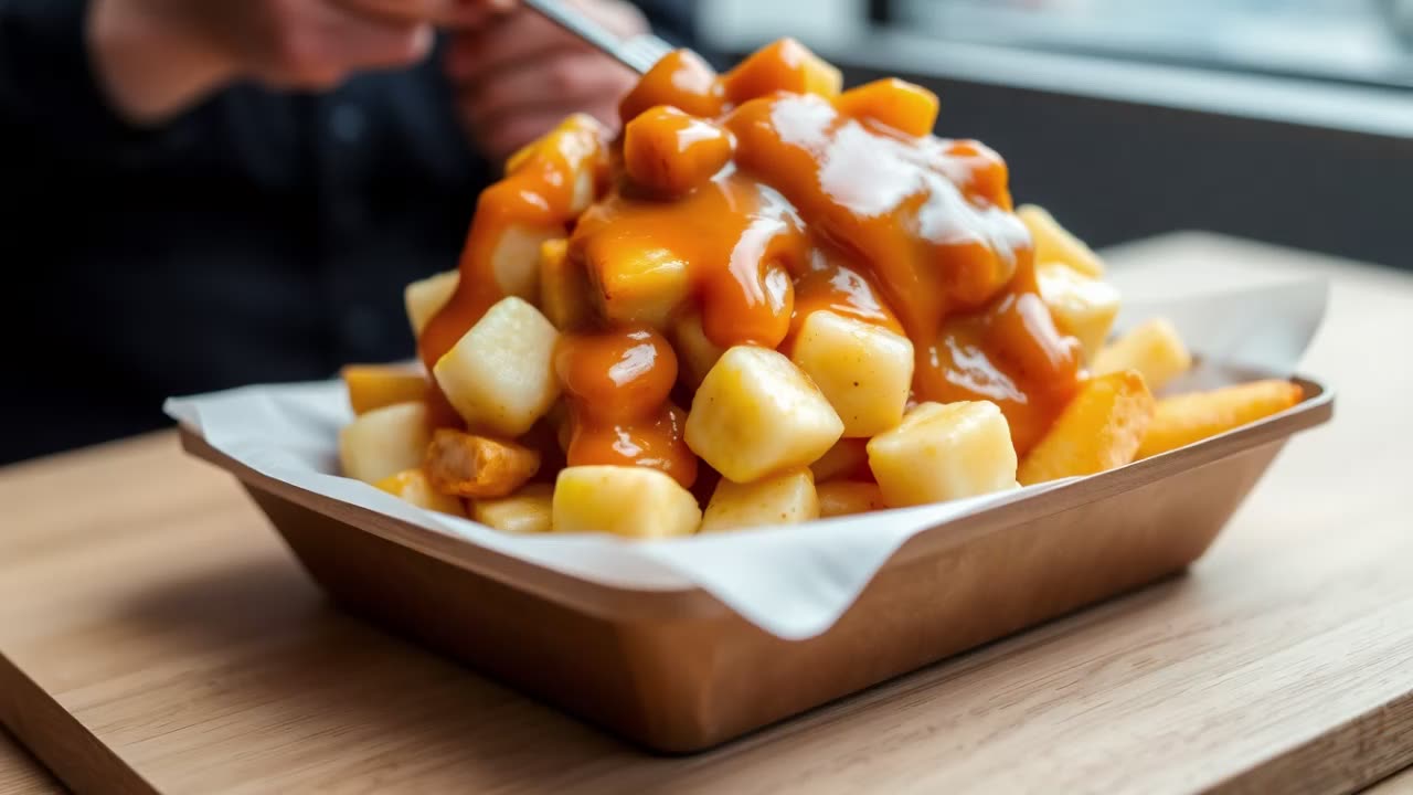 Deep-Fried Eggs with Truffle Sweet Potato Fries & Gravy Cheese Curds