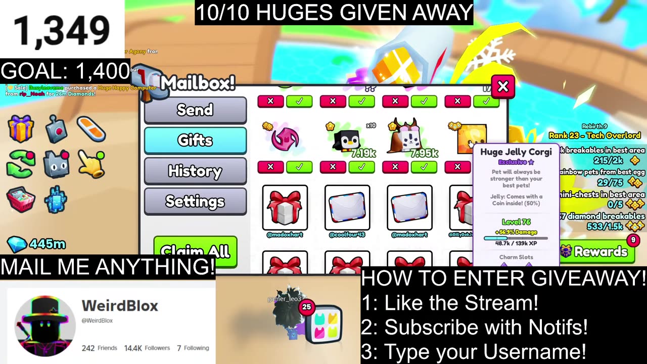 🔴LIVE _ GIVING AWAY HUGE PETS IN MAILBOX!! (Pet Simulator 99)
