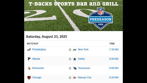T-Backs Sports Bar and Grill Sports Schedule and Pizza special for Saturday August 23, 2025