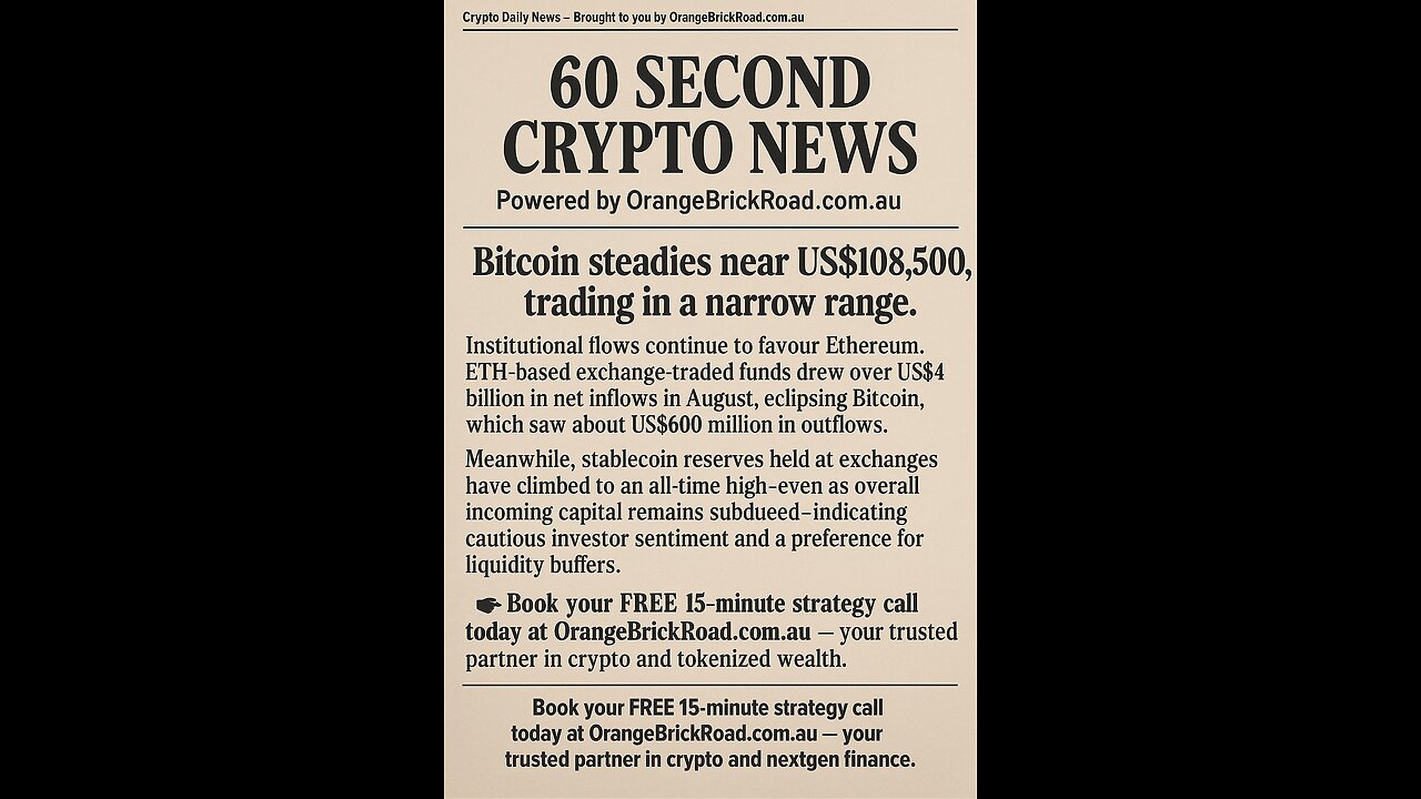 Bitcoin steadies near US $108,500, holding a tight range as traders await the next catalyst.