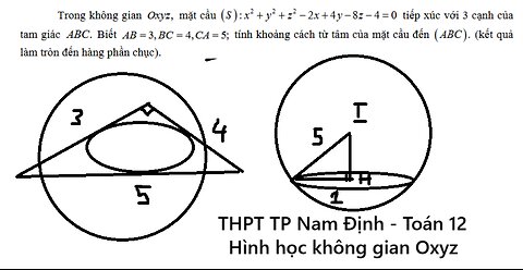THPT TP Nam Định: Trong không gian ,Oxyz mặt cầu (S):x^2 + y^2 +z^2 - 2x + 4y - 8z - 4=0 tiếp xúc