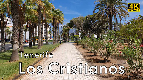 Walking tour across parks in Los Cristianos, Tenerife, shot in 4K