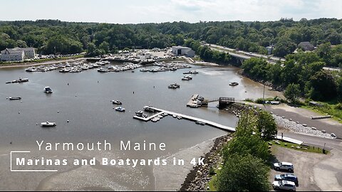 Marinas & Boatyards on the River in Yarmouth Maine Aerial view in Beautiful 4K