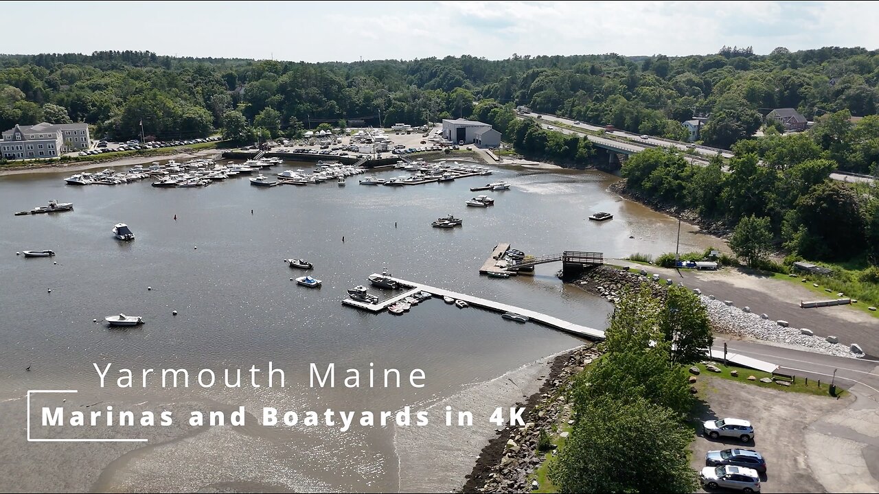 Marinas & Boatyards on the River in Yarmouth Maine Aerial view in Beautiful 4K