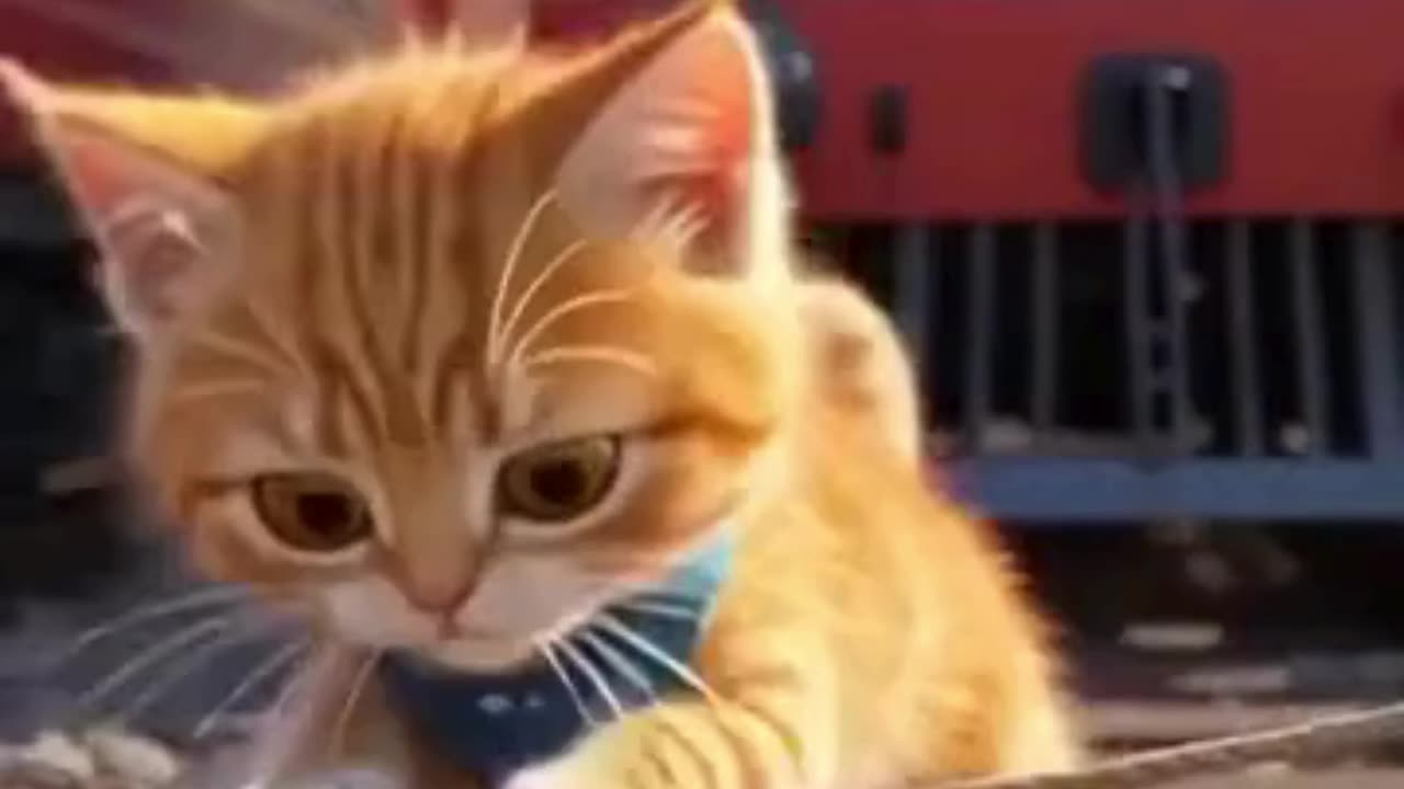 💕 orange tabby kitten tugs rope around scared brown mouse on railway track as red train approaches,