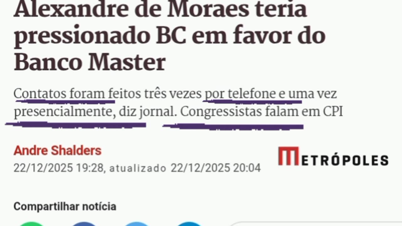 Nazista de Moraes procurou o BC 4 vezes. Contatos foram feitos três vezes por telefone e uma vez presencialmente, diz jornal. Congressistas falam em CPI