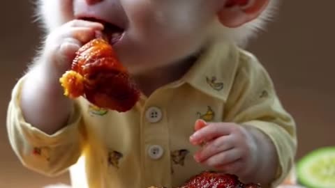 A baby monkey love the chiken food