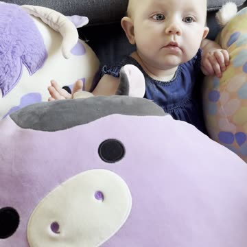 Cute Baby Kayla Surrounded by Squishmallows: Funny Plush Toy Moments