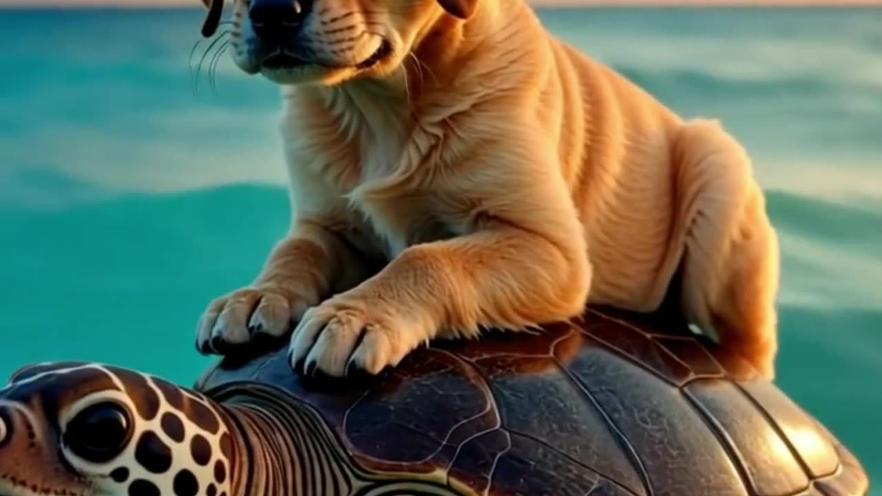 Adventurous Puppy Rides Turtle Across Turquoise Ocean at Sunset #cute#animals #pets #videoediting