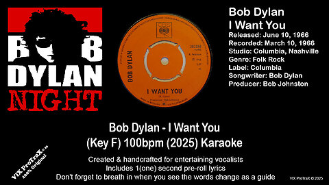 SingLikeBob - Bob Dylan - I Want You (Key F) 100bpm (2025) Karaoke
