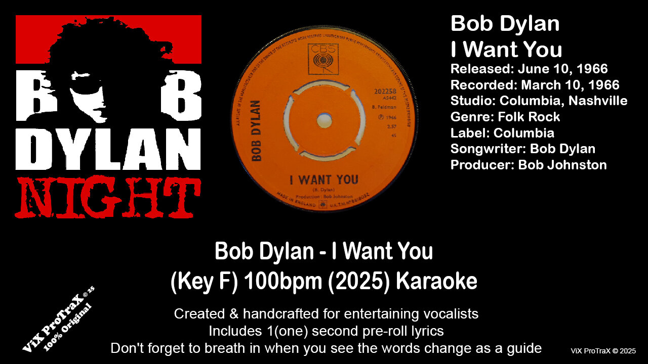 SingLikeBob - Bob Dylan - I Want You (Key F) 100bpm (2025) Karaoke