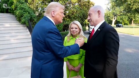 Prime Minister Benjamin Netanyahu welcomed at the White House by US President Donald Trump.