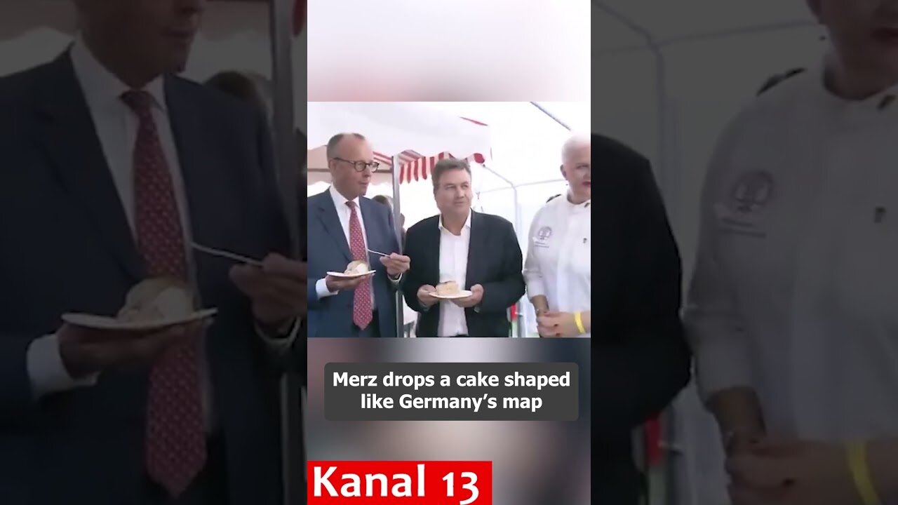 German Chancellor Merz drops a piece of cake shaped like Germany's map at event in Berlin