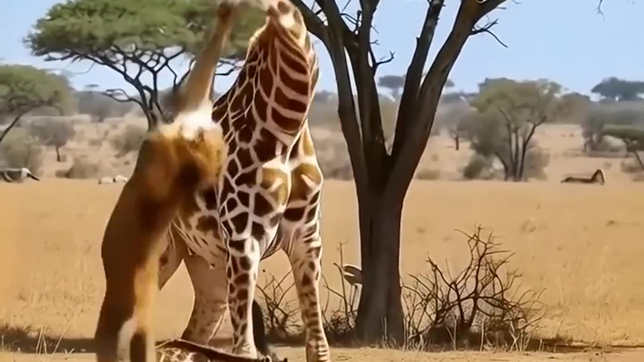 Giraffe throws lion into the air