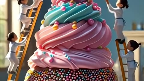 Mini Team Decorating a Huge Cupcake CupcakeArt, #TinyBakers, #MiniatureWorld, #FoodArtistry,