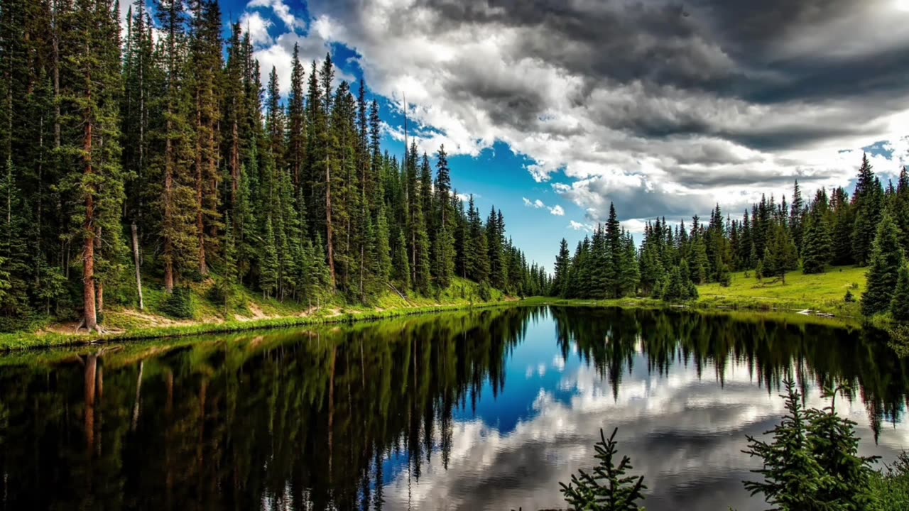 1 Hour Relaxing Piano & Guitar Music | Lake, Pine Trees & Clouds for Sleep & Meditation