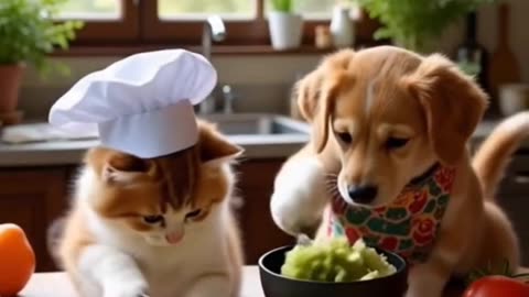 A cute cat and a puppy are cooking dinner.